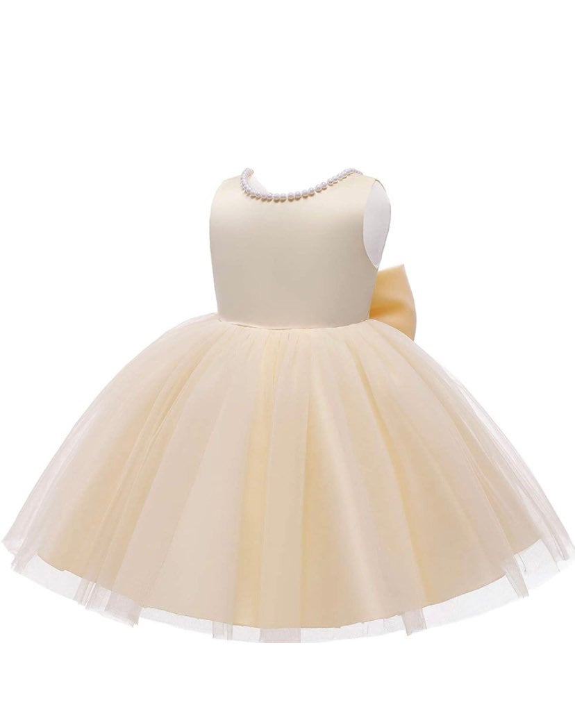 Baby Girl Beige/ Champagne Elegant Tutu Pearl First Birthday Dress - TinySweetPeaBoutique