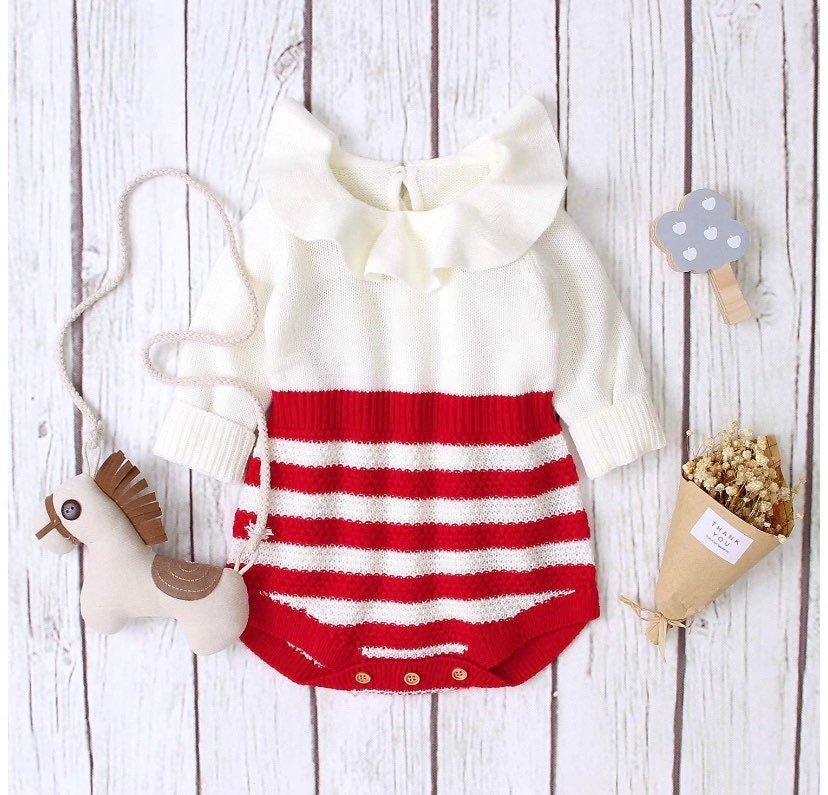 Baby Girl Red Stripe Romper - TinySweetPeaBoutique