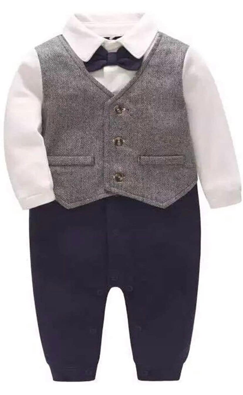 Gray and Blue One-Piece Baby Boy Gentleman Bodysuit - TinySweetPeaBoutique