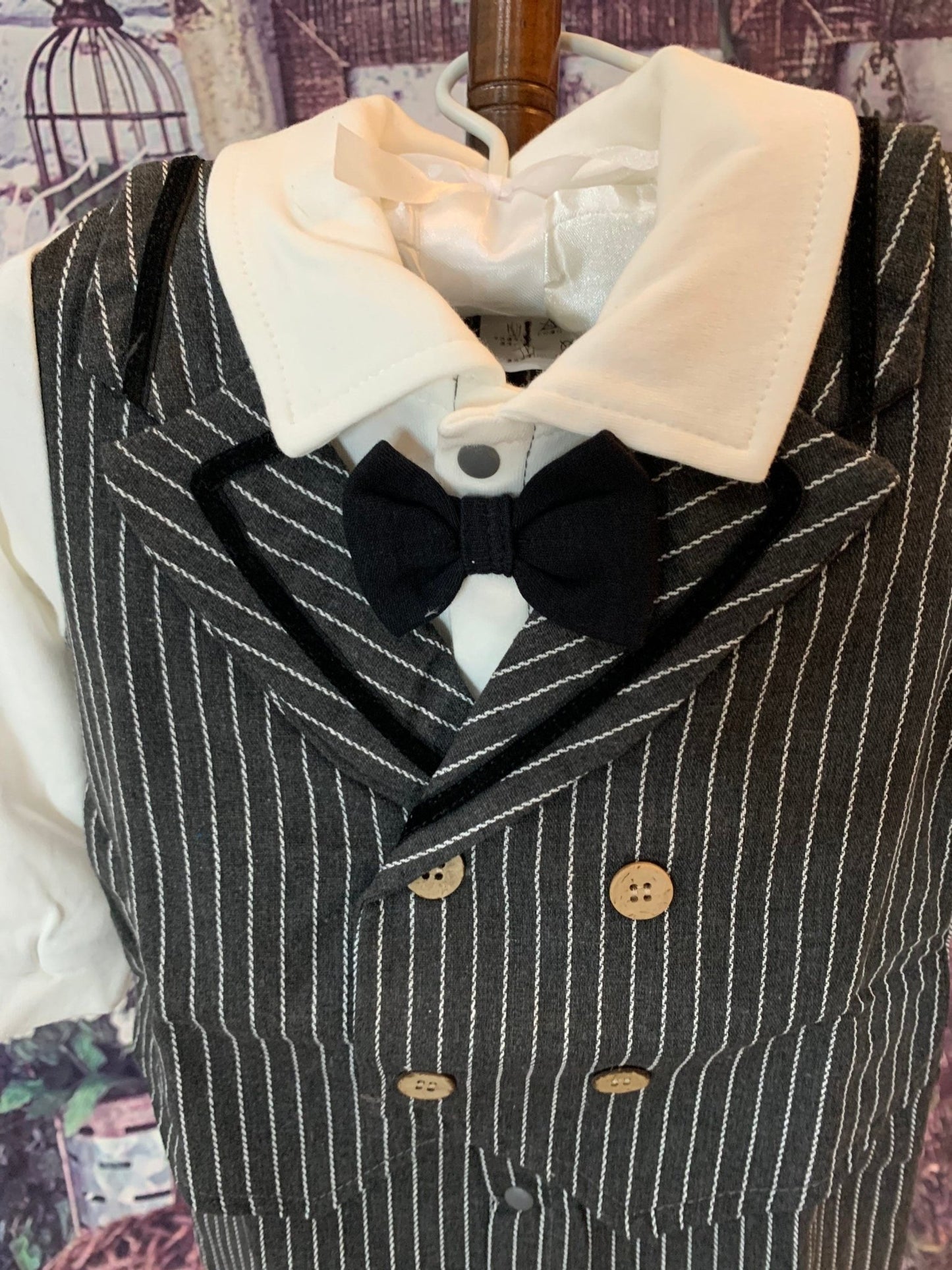 Little Gentleman Dark Gray Stripe One Piece Bow Tie Suit - TinySweetPeaBoutique