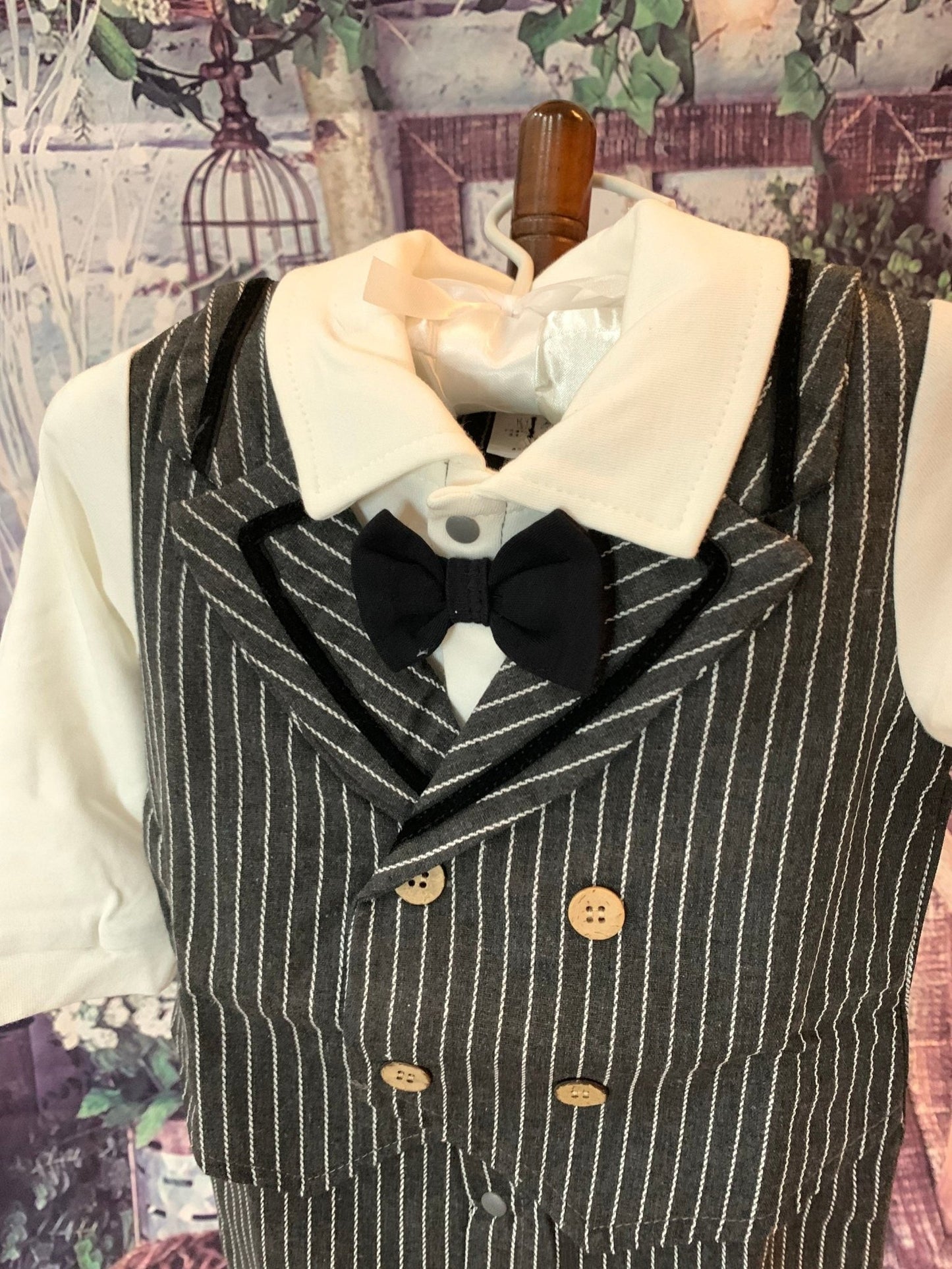 Little Gentleman Dark Gray Stripe One Piece Bow Tie Suit - TinySweetPeaBoutique