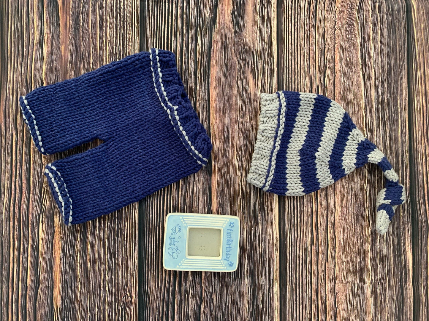Newborn Baby Boy Blue Gray Stripes Crochet Set - TinySweetPeaBoutique