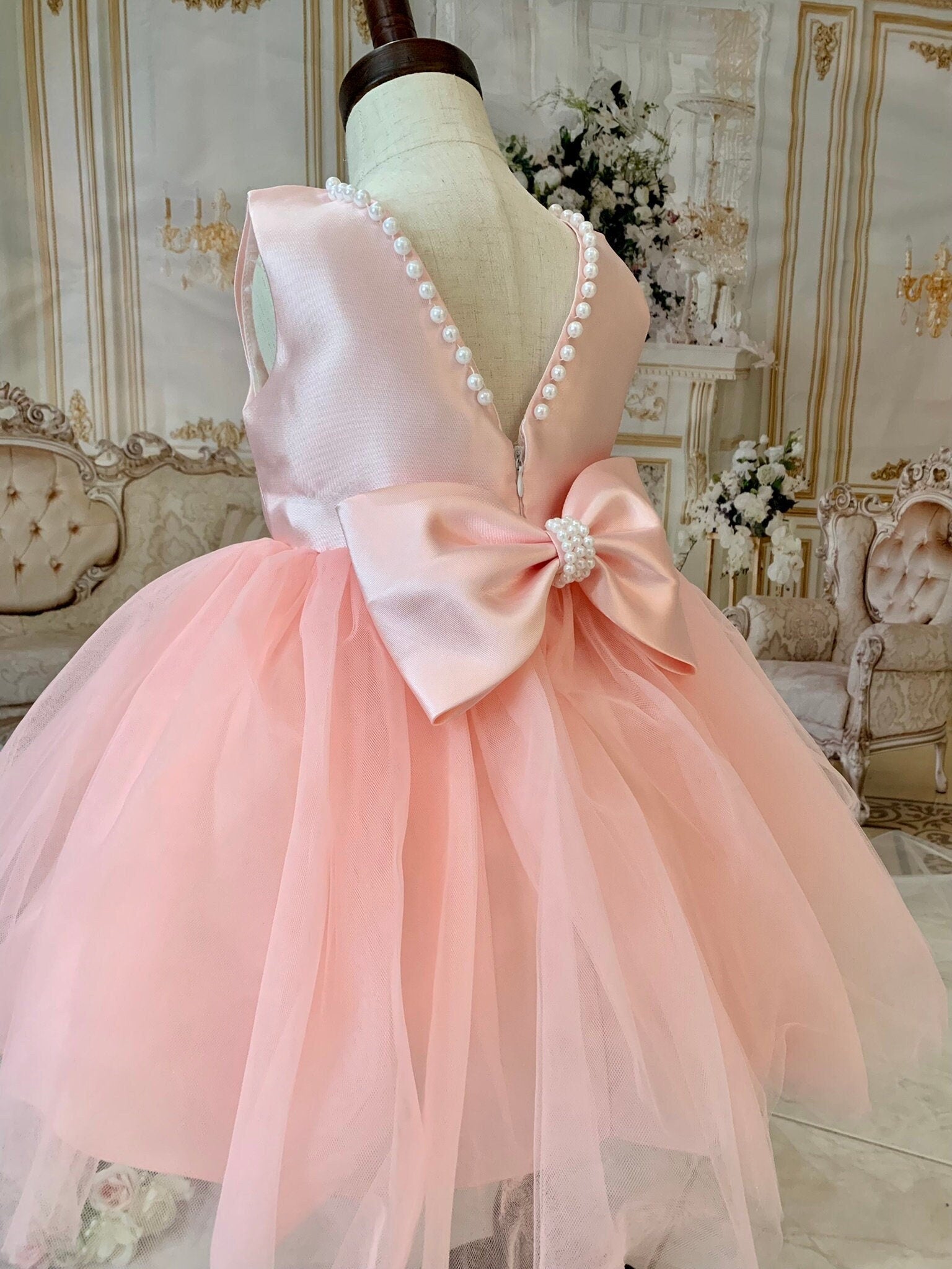 Soft Pink Baby Girl Tulle Pearl Dress - Birthday Dress - TinySweetPeaBoutique